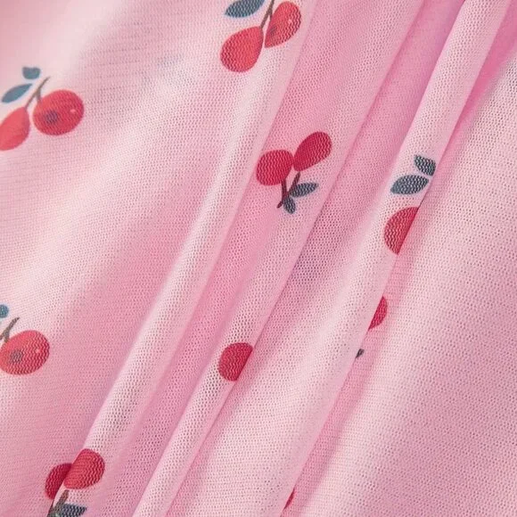 XL Sexy Cherry Print Lace Trim Slip Nightdress, V Neck Backless Sleep Mini Dress - Picture 2 of 5